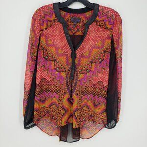 Hale Bob Geometric Print Silk Blouse XS Sheer Long Sleeve High Low Orange Red